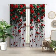 2pcs Elegant & Romantic Red Rose 3D Digital Printing Curtain Fabric, Suitable For Living Room, Bedroom, Balcony, Study And Other Occasions