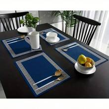 2/4-6pcs Black & Gold Element Placemats, Suitable For Tablecloths, Coasters, Farmhouse Style Theme Non-Slip Linen Placemats With Sunflower, Gingham, Floral Patterns, Insulated Placemats For Kitchen, Washable, Party Decor, Holiday Accessories - Blue - View 1