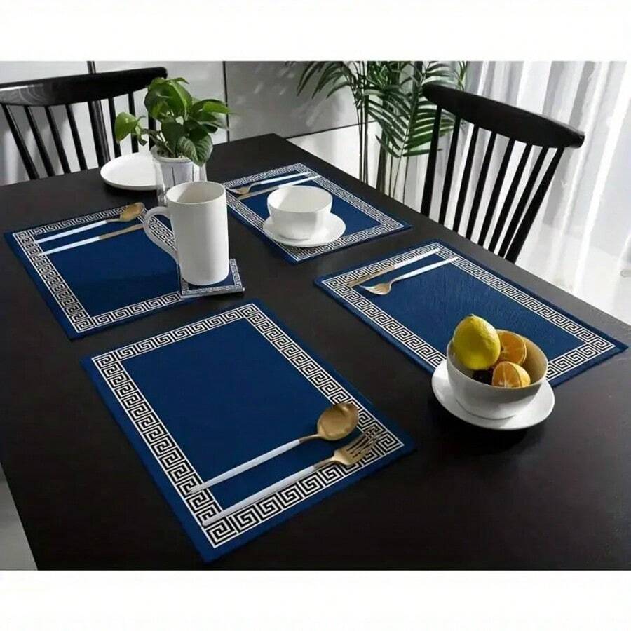 2/4-6pcs Black & Gold Element Placemats, Suitable For Tablecloths, Coasters, Farmhouse Style Theme Non-Slip Linen Placemats With Sunflower, Gingham, Floral Patterns, Insulated Placemats For Kitchen, Washable, Party Decor, Holiday Accessories - Blue - View 1