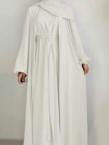 Women's Middle Eastern Style Solid Color Comfortable Casual Cardigan Jacket, Vest And Dress 2-Piece Set With Belt - No Headscarf, Autumn/Winter