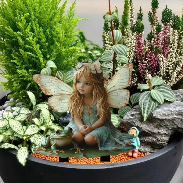 1 pieza Decoración de estaca de jardín estilo bohemio 2D de 10 cm/3,94 pulgadas, hada y rana - Decoración del suelo del jardín, patio, granja, decoración exterior, regalo de inauguración de la casa, decoración del hogar, decoración de bonsái