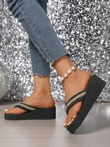 Chinelos plataforma femininos da moda, chinelos de praia antiderrapantes de fundo grosso, sandálias de salto , adequados para atividades ao ar livre, praia, casamento - Preto - Ver 7