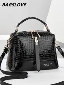 Fashionable Shiny Leather Pillow Bag Large Capacity Women Elegant Handbag Shoulder Crossbody