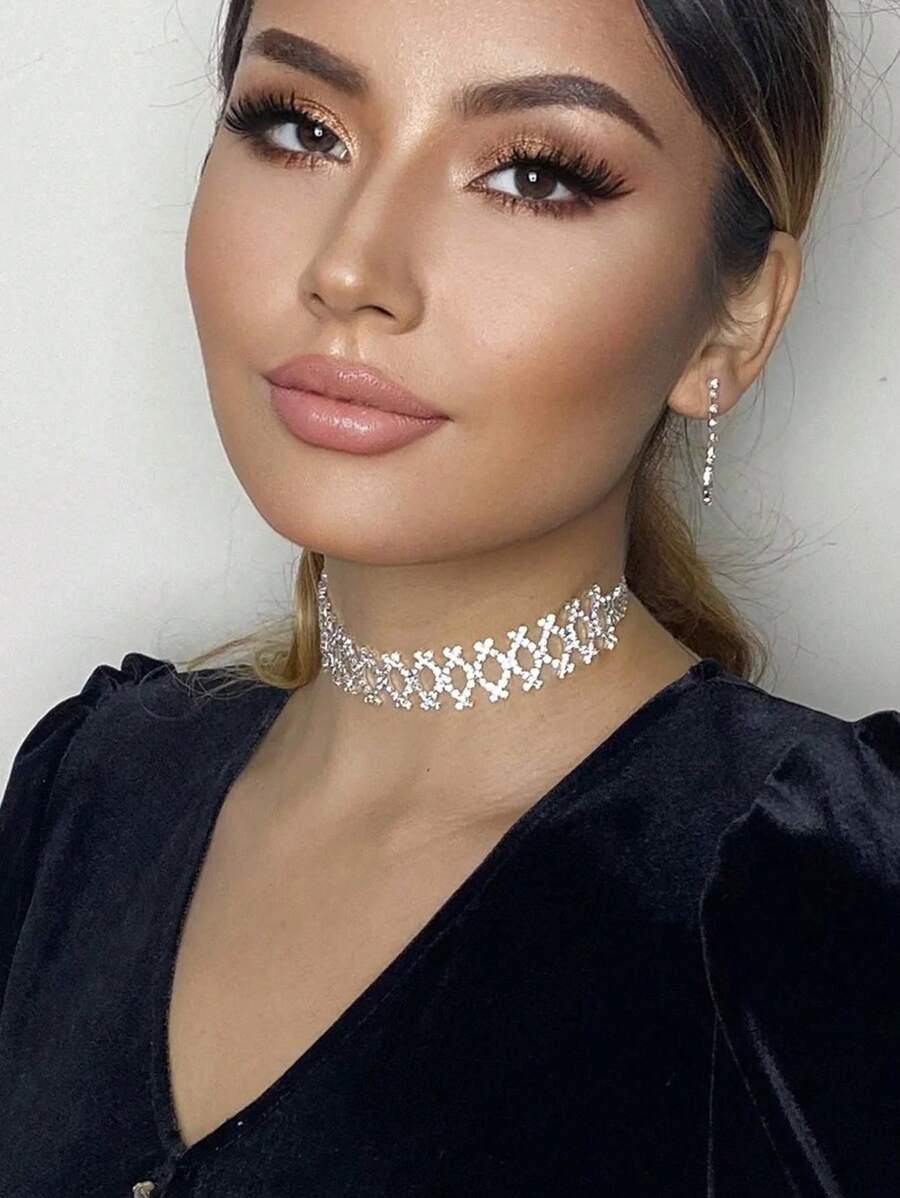 1pc Silver Customized Hollow Rhinestone Embellished Multi-Layer Necklace For Women - Silver - View 1