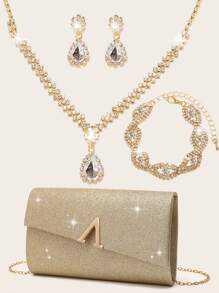 Conjunto de joyas de mujer con rhinestones: Collar, pendientes, pulsera brillantes. Juego de bolsos y carteras elegantes: Cartera con clip metálico, sobre elegante, bolso de banquete, bolso bola, bolso cadena metálica, bolso de fiesta de boda. Vestidos de novia y de fiesta para mujer.