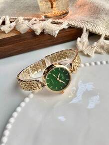 1 件女士金色手表，时尚复古女士手表，女士时尚简约百搭奢华不锈钢石英表 - 均碼 - 查看 6