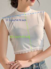 1 pieza Top corto de mujer con cuello alto, recorte de encaje de malla y sin mangas, estilo elegante adecuado para primavera, verano, otoño, invierno