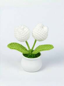 1pc/2pcs 2 Flower Heads (White), DIY Handmade Mini Potted Plant, Crochet Tulip, Mother's Day Gift, Home, Office, Desktop, Wedding, Birthday, Holiday Decor, Christmas & New Year Gift, For Boyfriend/Girlfriend/Father Gifts Graduation