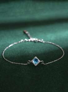 1pc S925 Sterling Silver Square Cubic Zirconia Geometric Women Bracelet, Fashionable & Elegant Everyday Jewelry - Silver - View 5