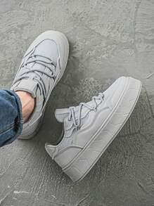 纯色厚底圆头透气学生休闲系带滑板鞋，男士防滑工作鞋 - 灰色 - 查看 6