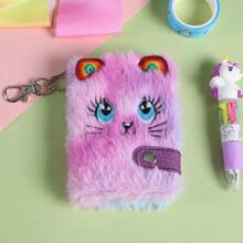 1pc Cartoon Kitten Plush Notebook, Cute Mini Portable Pocket Notepad, Furry Plush Diary For Girls, Children Writing Book, School Bag Pendant Gift , Back To School Gifts