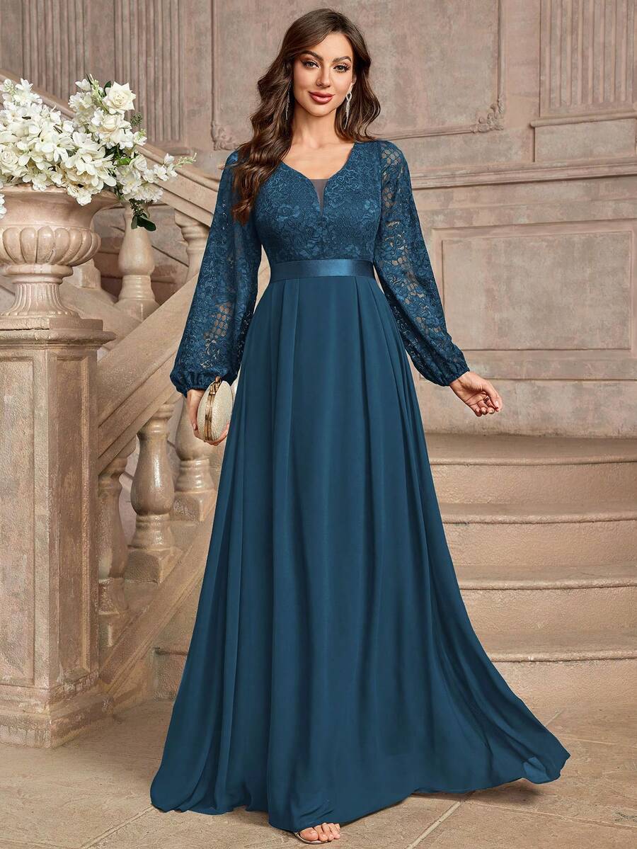 Vestido largo de noche elegante con cuello en V profundo, mangas farol, volantes y encaje floral
