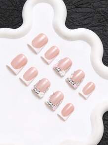 paquete de 10 uñas postizas artesanales con decoración de moño y strass en estilo Y2K Baddie, disponibles en colores nude y blanco, adecuado para fiesta, boda y uso diario, incluye kit de accesorios, un regalo adecuado para mujeres y niñas