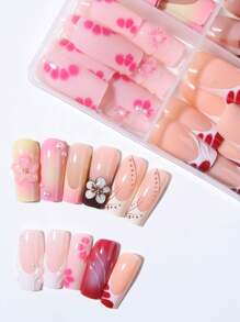 96件套（4种混合款式）3D凝胶美甲套装，包含1瓶果冻胶和1把指甲锉，轻松打造3D立体花朵美甲，法式方形按压式美甲，矩形完美贴合，亚克力假指甲套装，包含：1瓶果冻胶和1把指甲锉，易于佩戴，3D立体花朵凝胶美甲，法式按压式美甲，适合女性日常工作、派对和其他场合，美甲用品。 - 彩色 - 查看 3