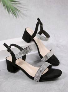 European And American Style Women Silver Sequins Buckle Strap High Heel Sandals, Chunky Mid-Heel Square Toe Comfortable Soft Bottom Non-Slip Daily Casual Suede High Heels