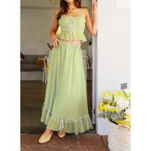 Women Summer Skirts Outfits Patchwork Front Tie-Up Spaghetti Strap Camisoles Tank Tops Long Skirts 2 Pieces Clothes Set - màu xanh lá - Xem 2
