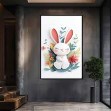 De magnifiques lapins sont entourés de fleurs et de feuilles colorées. Grande peinture murale encadrée en bois, décoration d'intérieur, peinture à l'huile - Chambre, salle de bain, salon, bureau, cuisine, cadeaux de Noël - 1 pièce