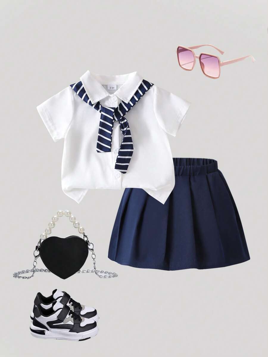 2 件装女婴休闲短袖衬衫和百褶裙套装，配有条纹披肩，舒适百搭，适合上学/休闲穿着 - 彩色 - 查看 1