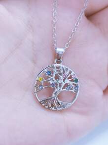 1pc Fashion Simple Life Tree With Rhinestone Hollow Circle Pendant Necklace For Women