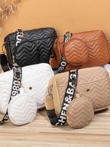 New Design 2pcs/Set Women Shoulder Bag With Wide Strap, Printed Small Square Bag With Fashionable Wave Embroidery, Crossbody Bag With Coin Purse