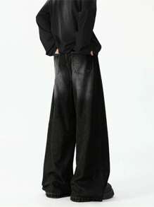 1 件男士时尚宽松复古水洗阔腿休闲牛仔裤，垃圾摇滚