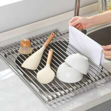 1pc Stainless Steel Roll-Up Dish Drying Rack - Space-Saving Sink-Mounted Design, Multipurpose Dish Drainer, Portable Roll-Up Rack, Drain Mat, Easy Storage, Rust-Resistant, Kitchen Tool