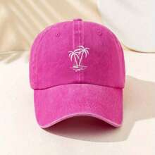 1pc Embroidered Coconut Tree Washed Baseball Cap, Adjustable Outdoor Sun Protection Casual Hat For Spring/Autumn Travel Beach Vacation Women, Y2K Style
