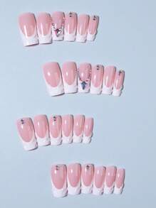 24件套3D凝胶美甲套装，打造方形白色法式美甲，中等厚度，水钻装饰，亚克力假指甲套装包含1瓶果冻凝胶和1把指甲锉，易于佩戴，适合女性日常工作、节日和派对场合。 - 彩色 - 查看 3