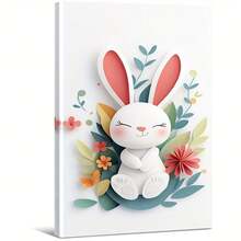 De magnifiques lapins sont entourés de fleurs et de feuilles colorées. Grande peinture murale encadrée en bois, décoration d'intérieur, peinture à l'huile - Chambre, salle de bain, salon, bureau, cuisine, cadeaux de Noël - 1 pièce