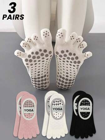 1/2/3 Pairs Women Solid Color Yoga Boat Socks, Moisture Wicking Anti-Slip Professional Pilates Five Finger Socks, Fall Socks