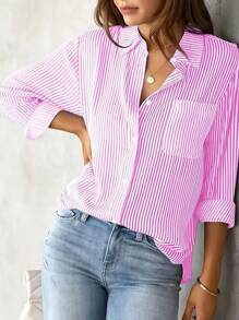 Women's Striped Dress Shirt Striped Blouse - 淺粉色 - 查看 5