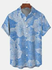 Hawaiian Floral Texture Print Men's Button Pocket Short Sleeve Shirt - Baby Blue - View 2