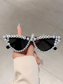 1Pc Women New Full Frame Cat Eye Shaped Fashion Glasses Stylish White Glasses With Faux Pearls Fashion 'Birthday Queen' Letter Frame Multicolor Chic Suitable Birthday Parties And Shows For Summer Beach Vacation,Outdoor,Travel Preppy Style For Back To School
