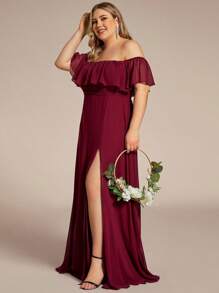 EVERPRETTY Plus Size Elegant Solid Color Off Shoulder Split Bridesmaid Dress - Burgundy - View 3