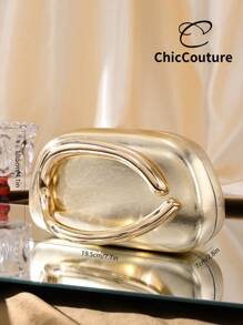 Women Elegant Vintage Asymmetric Leather Mini Evening Bag, Exquisite Metal Bar Decor Party Clutch Purse, Suitable For Formal Party/Wedding/Date/Ball - Gold - View 4