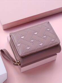Furlong Lach 1 pieza Cartera corta de mujer con bordado en forma de corazón, cierre de cremallera versátil y sencillo, monedero con gran capacidad, cartera de mujer de tres pliegues con portador de tarjetas, mini cartera, cartera pequeña para mujer
