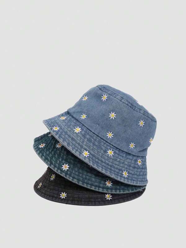 1pc Daisy Embroidery Washed Denim Bucket Hat, Unisex Bucket Hat For Sun Protection, Suitable For All Seasons