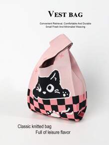1 Piece Pink Cat Cartoon Animal Crochet Embroidery Breathable Lightweight Foldable Portable For Holding Mobile Phone Umbrella Cosmetics Books Open Casual Cute Women's Handbag Crochet Phone Bag Suitable For Daily Wear, Holidays, Commuting, Shopping, Photography, Traveling, Camping, Hiking, Returning To School, Vacations, Schoolgirls, Girls, Ladies, Suitable For All Seasons Bag Mother's Gift