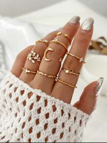 10pcs/set Diamond Inlaid Ring Set With Star, Moon, Heart, And Leaf Design