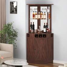 KFFKFF Corner Industrial Bar Cabinet, Wine Table For Liquor & Glasses, Sideboard Buffet Cabinet With Glass Holder, Freestanding Farmhouse Wood Coffee Bar Cabinet For Living Room, Home Bar, Black Walnut