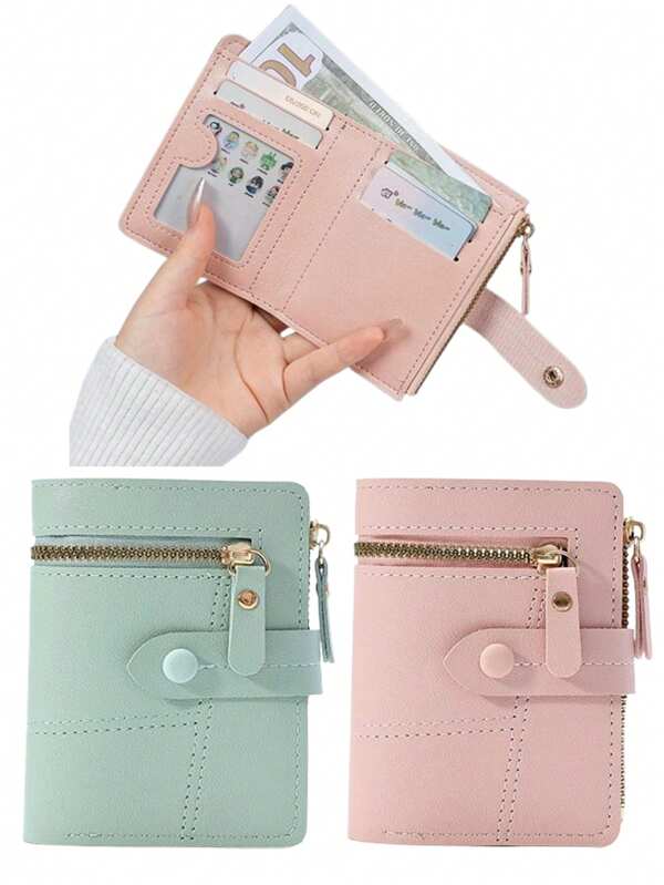 1 pezzo Portafoglio pieghevole tinta unita, portafoglio leggero da donna con porta carte, portamonete stile corto, portafoglio bifold, portafoglio minimalista alla moda, portafoglio regalo per vacanze, San Valentino, compleanno, adatto per studenti dalla scuola primaria all'università, porta carte di credito, bancomat, documenti d'identità