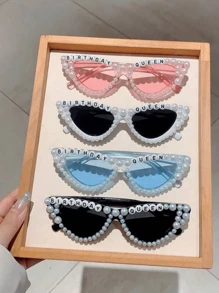 1Pc Women New Full Frame Cat Eye Shaped Fashion Glasses Stylish White Glasses With Faux Pearls Fashion 'Birthday Queen' Letter Frame Multicolor Chic Suitable Birthday Parties And Shows For Summer Beach Vacation,Outdoor,Travel Preppy Style For Back To School