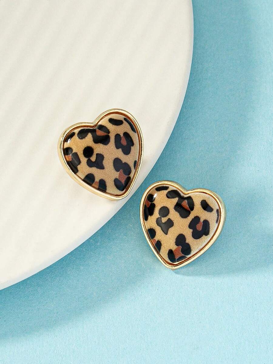 1 Pair Fashionable Minimalist Heart Shape Leopard Print Earrings For Women, Suitable For Daily Wear - Multicolor - View 1