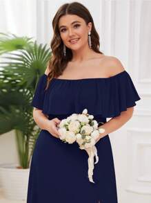 EVERPRETTY Plus Size Elegant Solid Color Off Shoulder Split Bridesmaid Dress - Navy Blue - View 5