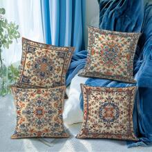 4pcs Bohemian Geometric Retro Pattern Series - Retro Printed Throw Pillow Cover & Sofa Cushion, 45x45cm Coral Fleece Pillowcase