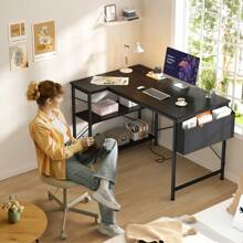 EnHomee 40 Inch Small L Shaped Desk With Storage Shelves, Power Outlets & Side Bag, Reversible X-Shaped Support For Home Office Bedroom Decor - 黑色 - 查看 7