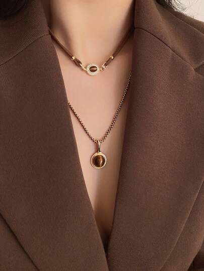 2 件/套复古虎眼石吊坠多层项链，休闲日常佩戴女士颈链