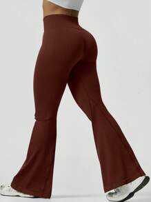 女士时尚交叉腰瑜伽裤蜜桃臀户外徒步运动长裤 - 紫紅色 - 查看 7