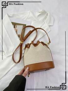 Casual Versatile Drawstring Straw Bucket Tote Shoulder Bag - Brown - View 6