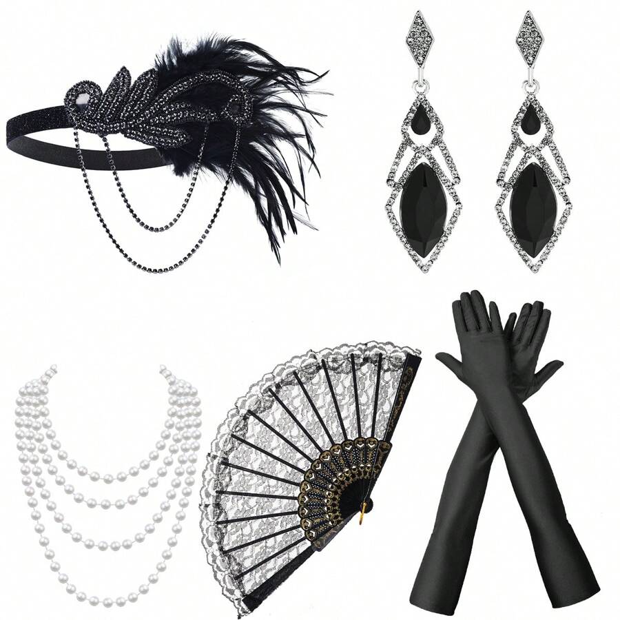 7pcs 1920s Women's Party Makeup Masquerade Headdress, Earrings, Feather Headpiece, Gloves, Bracelet, Cigarette Holder, Lace Hand Fan, 5-Piece Flapper Party Costume Set, Suitable For Halloween Party Prom - Black - View 1